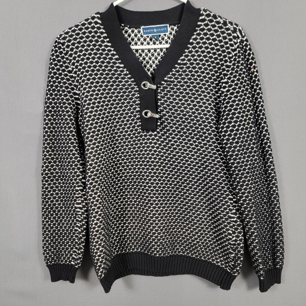 Karen Scott Black White Geometric Cotton Toggle Sweater Classic Preppy Layer